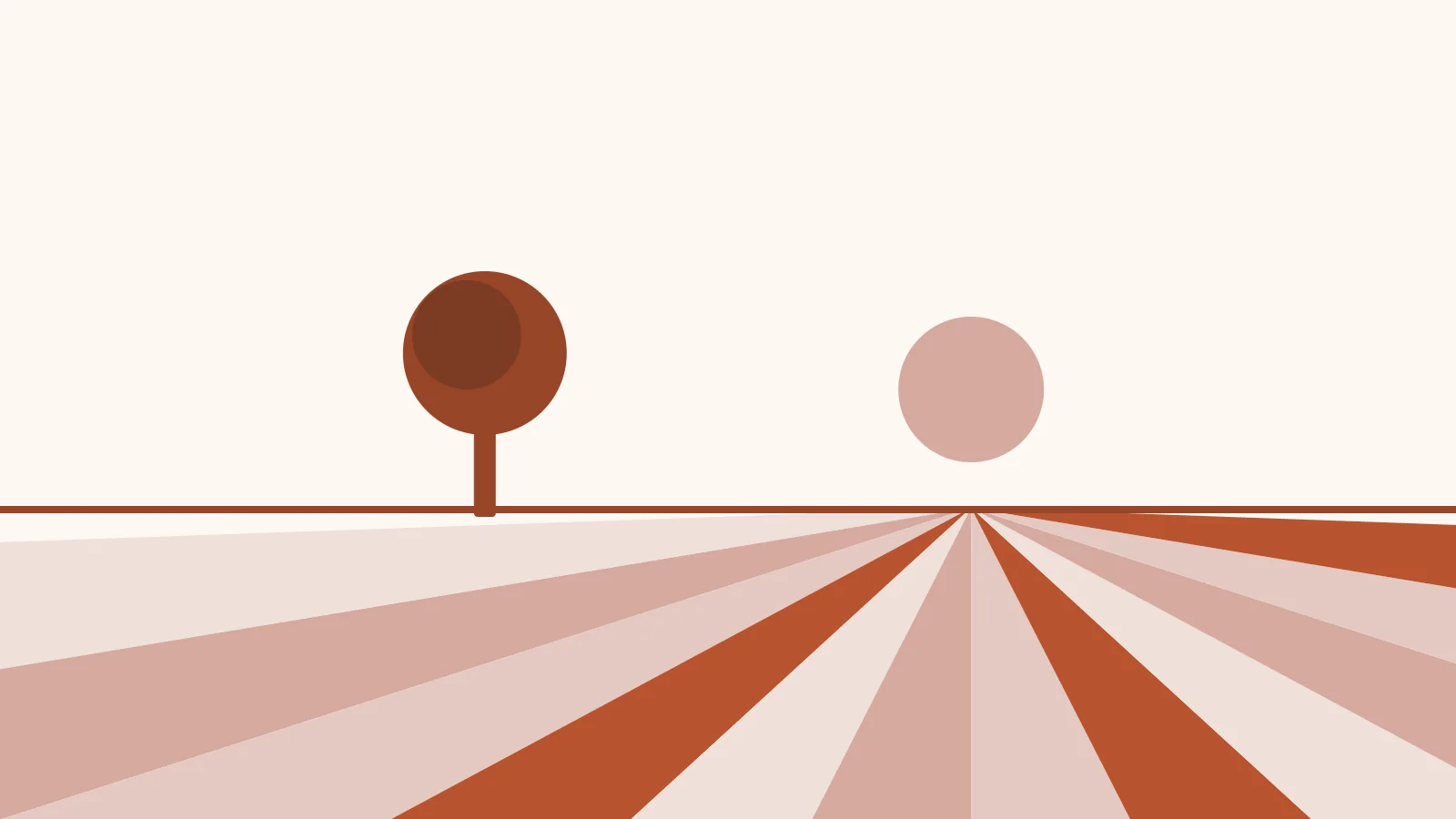 Striped fields running to the horizon with a single tree on the left