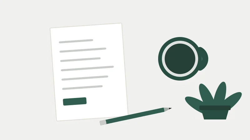 A tidy desk seen from above: a sheet of paper, a pencil, a mug and a plant