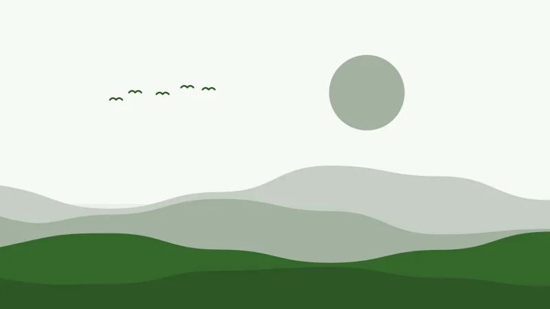 Rolling green hills under a pale sky with a low sun and a few birds
