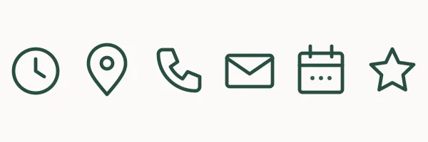 Six line icons: clock, map pin, telephone, envelope, calendar and star