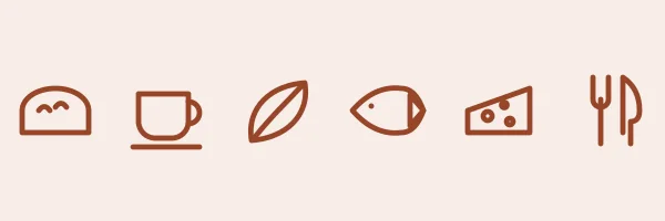 Six outline icons: loaf, cup, leaf, fish, cheese and cutlery