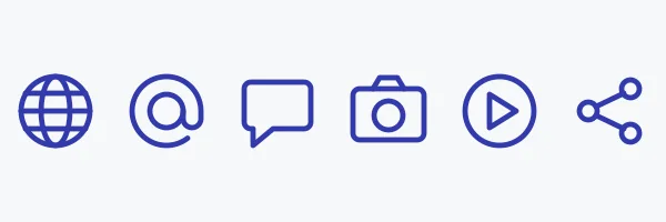 Six outline icons: globe, at sign, speech bubble, camera, play and share