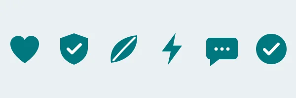 Six solid icons: heart, shield, leaf, lightning, speech bubble and tick