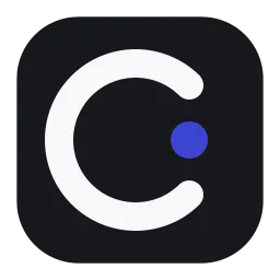 A rounded black square with a white curve and an indigo dot