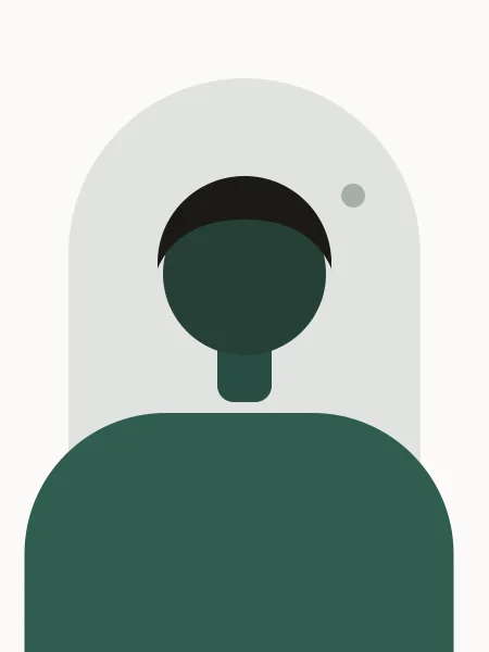 A stylised figure with short hair against a rounded green backdrop