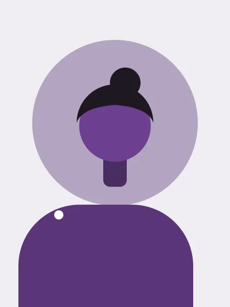A stylised figure with hair in a bun against a soft circle