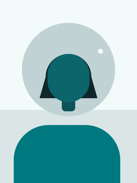 A stylised figure with shoulder-length hair against a soft circle