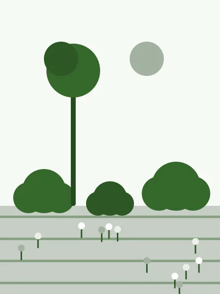 A garden with a tree, three shrubs and a bed of small flowers
